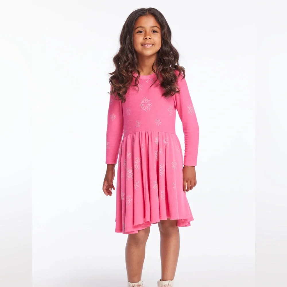 CHASER Pink Glitter Snowflakes Girls Long Sleeved Dress Size 5
